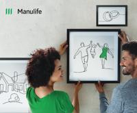 A couple hanging a framed minimalist line drawing of a family on a wall, smiling at each other, with a smaller framed drawing of wedding rings above.