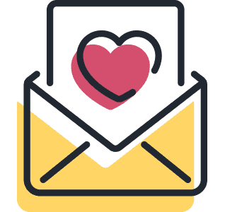 An icon of an open yellow envelope with a card featuring a pink heart, symbolizing sending or receiving a heartfelt message or greeting.