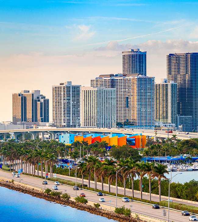 Cityscape across water in Miami, Florida, with palmtrees in the foreground