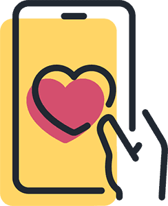 An icon of a hand interacting with a smartphone screen, displaying a heart symbol, representing a 'like' or a show of support on a mobile device.